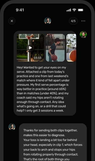 A member sends two clips of their serve and gets coaching feedback in a message