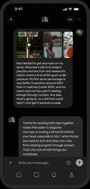 A member sends two clips of their serve and gets coaching feedback in a message